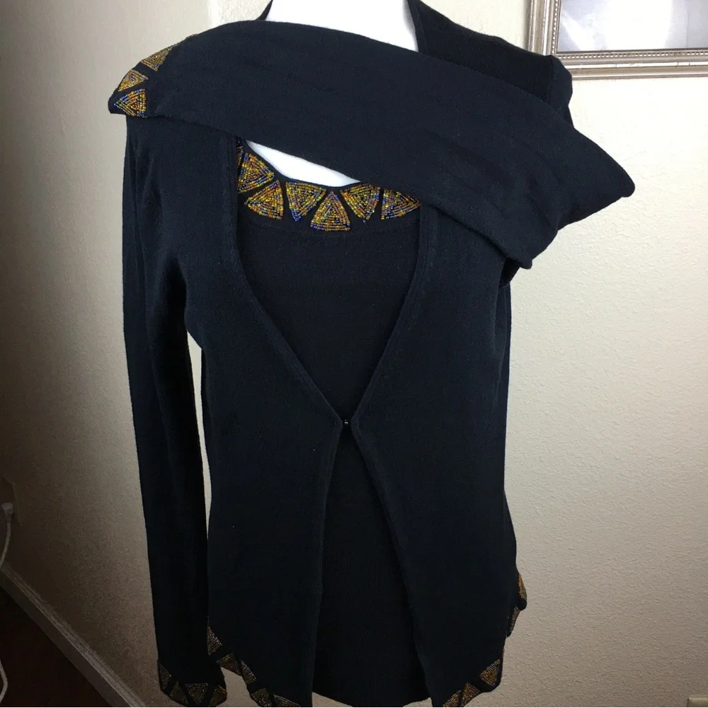 BCBGMAXAZRIA Black Cardigan & Shell Sweater Beaded Diamond Design Size M - Picture 6 of 16